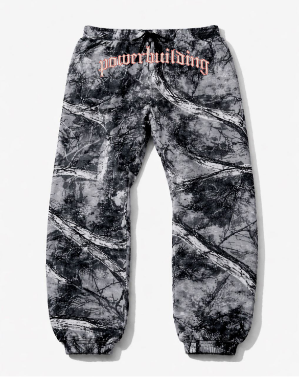 arctic camo sweatpants with 'Powerbuilding' text on a white background