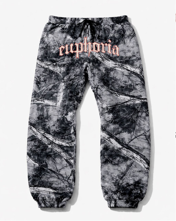 arctic camo sweatpants with 'euphoria' text on a white background