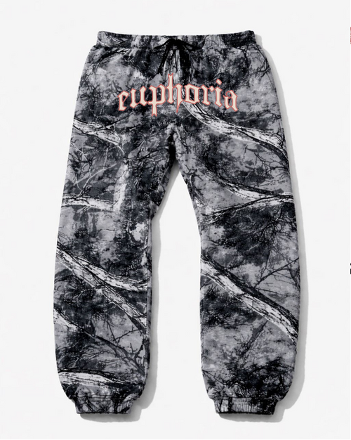 arctic camo sweatpants with 'euphoria' text on a white background